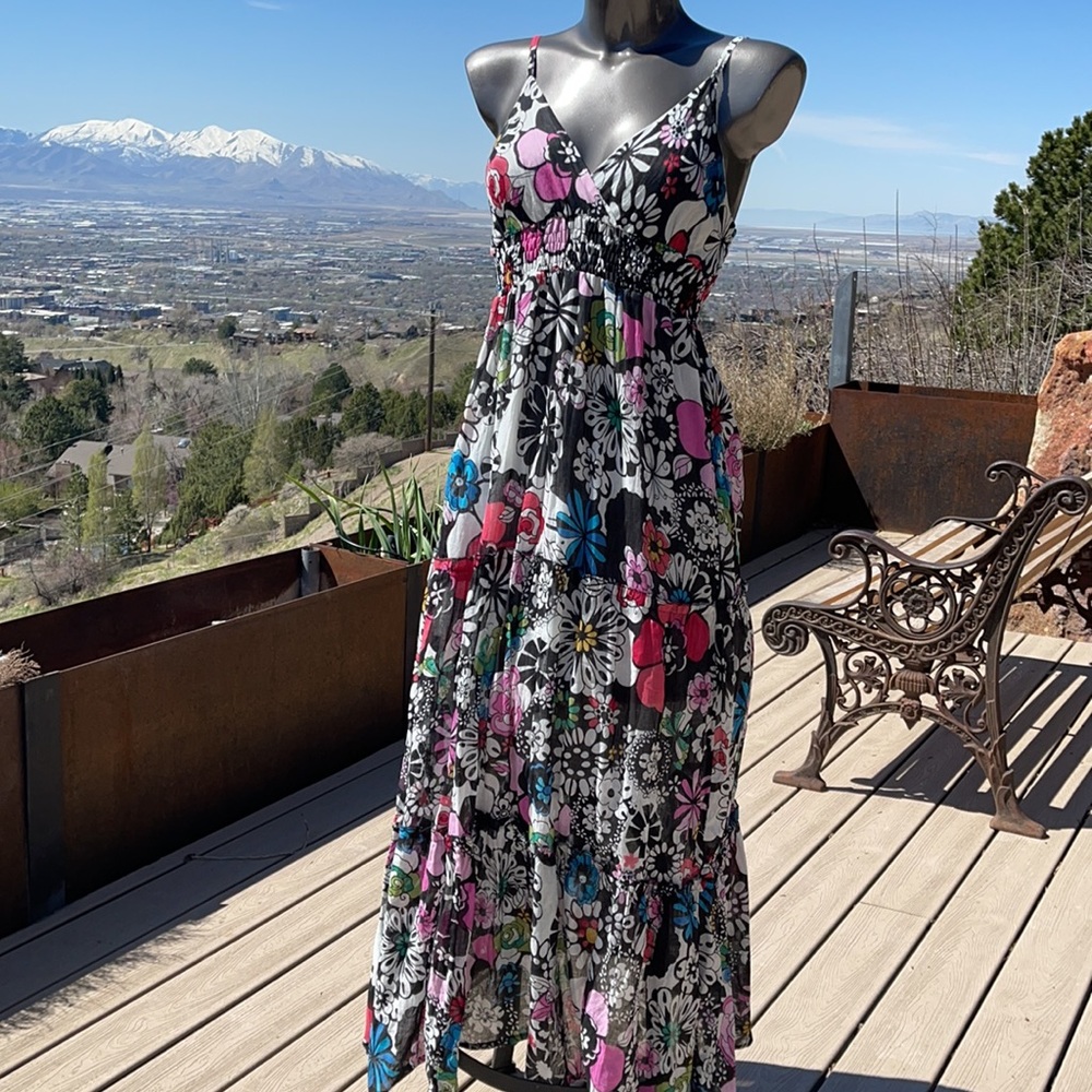 Floral Black Maxi Dress with Pink & Blue Accents